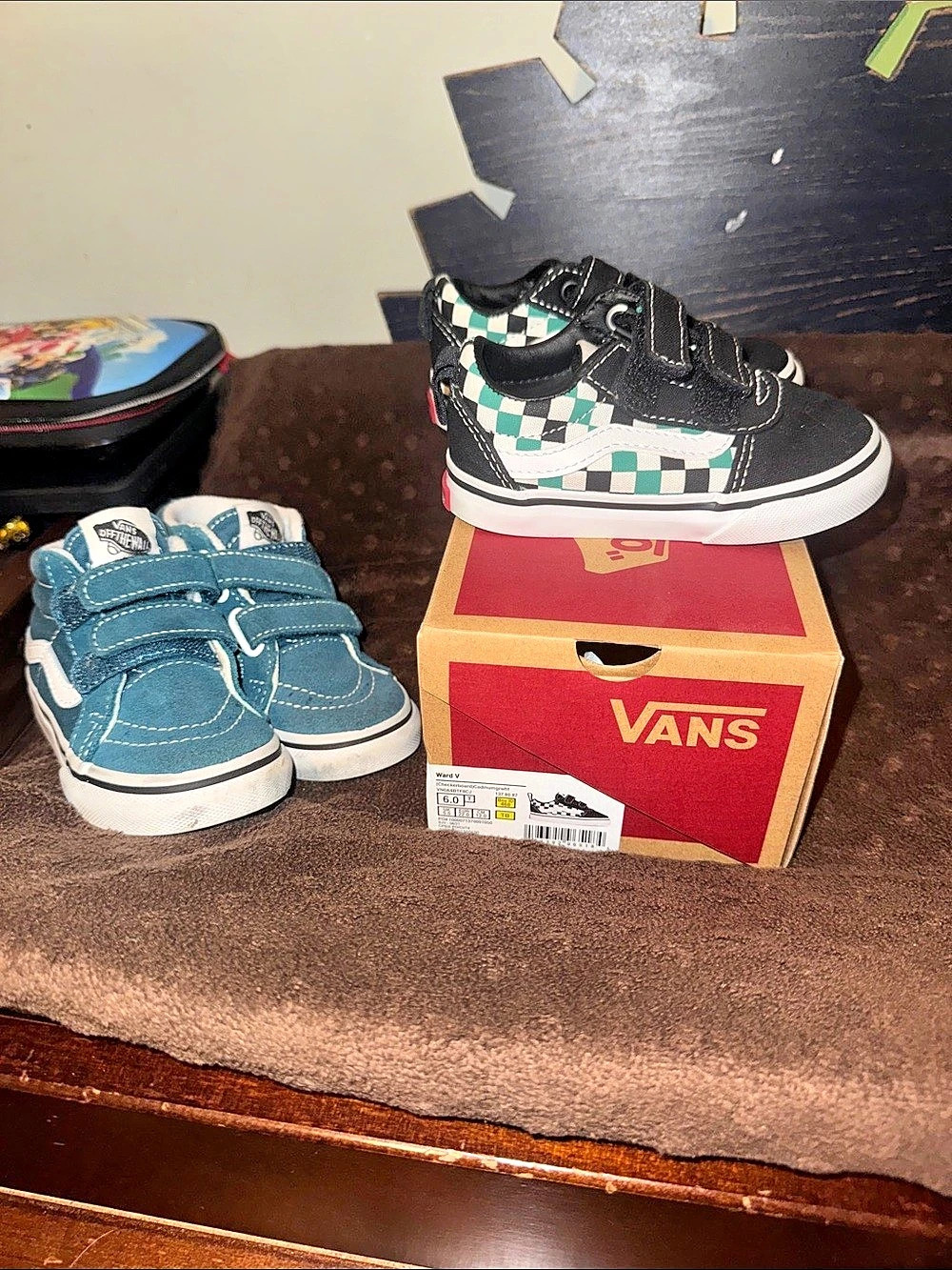 2 pair of Vans Old Skool V Checkerboard Kids Checkered Sneakers Black & Blue Gir